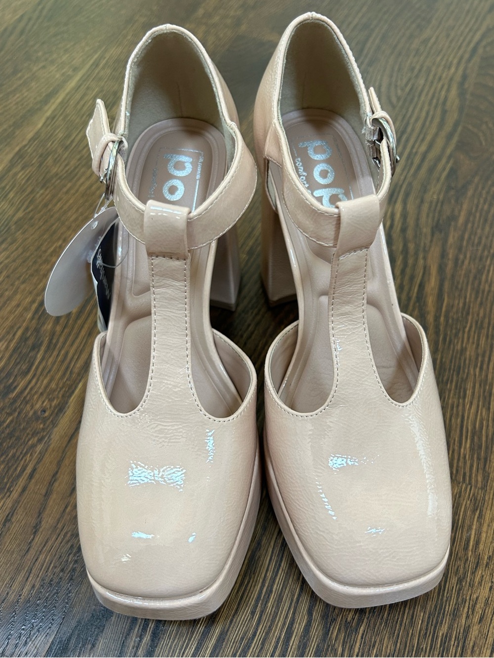 NEW Pop Comfort Women's Nude Patent Mary Jane Platform Block Heels Sz 7.5